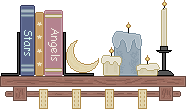 blinkie rack with celestial books and candles