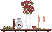 blinkie rack with vase books and candles