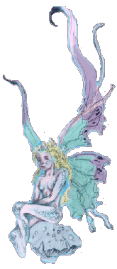turquoise and purple fairy sitting on mushroom
