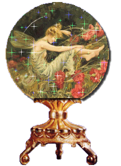 sparkly globe with fairy sitting with red carnations
