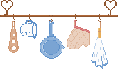 divider with assorted kitchen items hanging