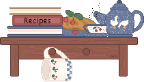 kitchen shelf with recipe books and goose teapot