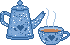 blue speckled coffee pot and cup